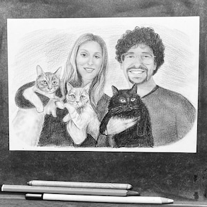 Pencil portrait from photo. Pencil drawing. Family portrait from different photos.