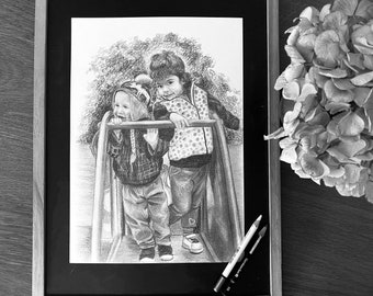 Bleistiftportrait nach Foto. Gastgeschenk. Bleistiftzeichnung. Familienportrait aus verschiedenen Fotos. Geschenk für Großeltern. Geschenk für sie