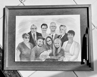 Familien Porträt aus verschiedenen Fotos. Bleistiftzeichnung. Bleistift-Porträt. Geschenk für Großeltern.