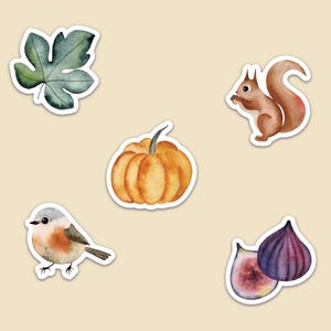 Stickers d'automne - Ecureuil, citrouille, figue, oiseau et feuille
