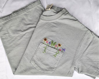 Hand-Stitched Floral Pocket Tee Shirt