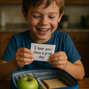 May include: A young child smiles while holding a note that reads "I love you! Have a great day!" A blue lunchbox contains a green apple and a sandwich. The child is wearing a blue shirt.