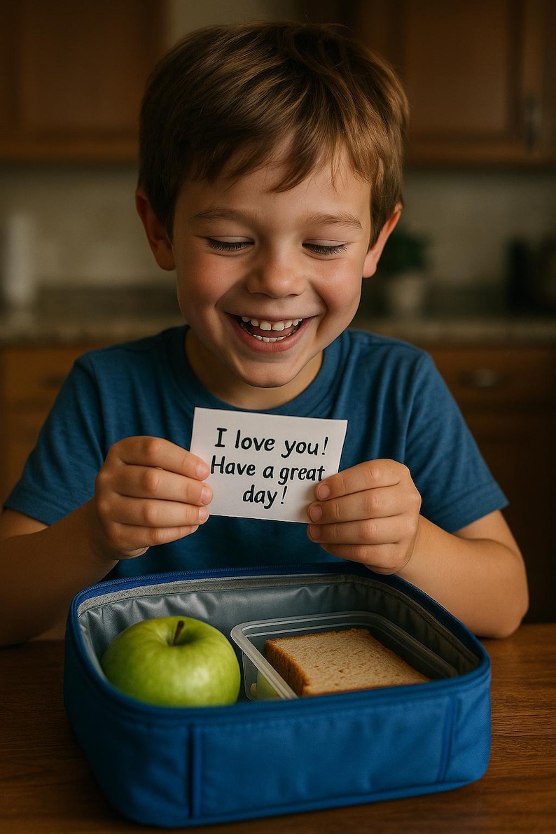 May include: A young child smiles while holding a note that reads "I love you! Have a great day!" A blue lunchbox contains a green apple and a sandwich. The child is wearing a blue shirt.