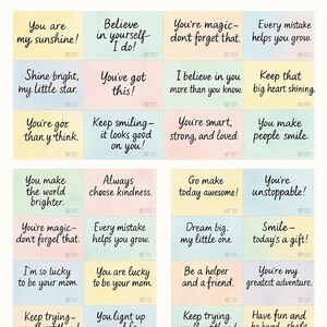 May include: A collection of colorful sticky notes with positive affirmations in black handwritten font. Phrases include "You are my sunshine!", "Believe in yourself I do!", and "You're unstoppable!" The notes are arranged in a grid.