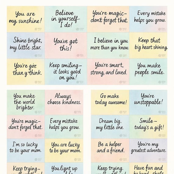 Kids Lunchbox Notes – 36 Watercolor Encouragement Cards (Printable PDF)
