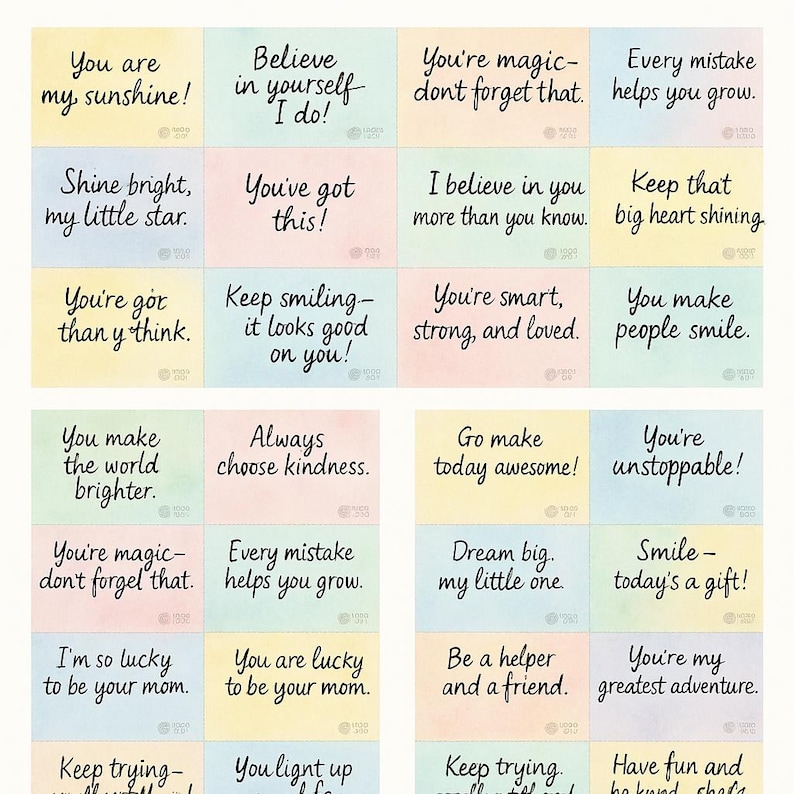 May include: A collection of colorful sticky notes with positive affirmations in black handwritten font. Phrases include "You are my sunshine!", "Believe in yourself I do!", and "You're unstoppable!" The notes are arranged in a grid.