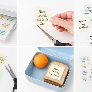 May include: A collection of inspirational sticky notes with handwritten messages like "Shine bright, my little star" and "You are my sunshine!" displayed in various settings, including a printer, a lunchbox with an orange and sandwich, and being cut with scissors.