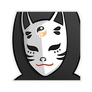 Puede incluir: Una ilustración en blanco y negro de una figura encapuchada que lleva una máscara de zorro estilizada con un símbolo yin yang en la frente. La máscara tiene una boca roja y ojos negros.