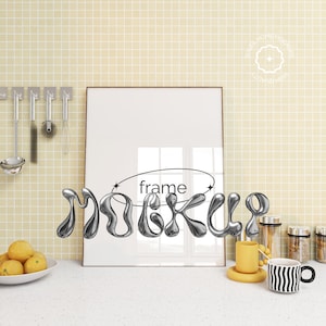 Mockup frame on kitchen counter, digital mockup of frame against wall, modern and colorful kitchen, mock up light reflection