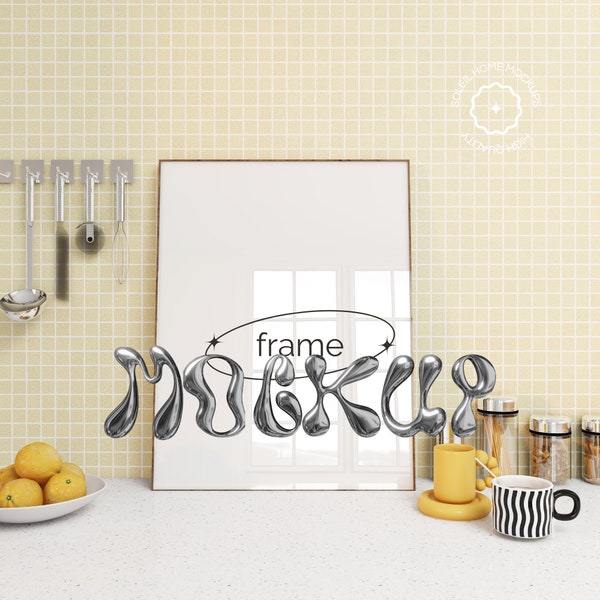 Mockup cadre sur comptoir de cuisine, maquette numérique de cadre contre mur, cuisine moderne et colorée, mock up reflection lumière