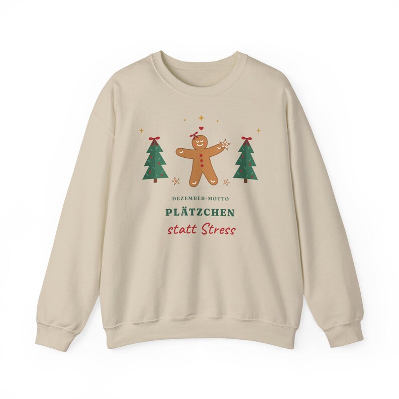 Weihnachtspullover Damen – Plätzchen statt Stress – Lebkuchen mit Schleife, Weihnachtspulli Creme image 3