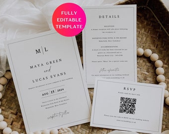 Minimalist Wedding Invitation Set, Modern Wedding Invite Suite, QR Code RSVP, QR Wedding Invitation, Monogram Invite Suite, Wedding Bundle