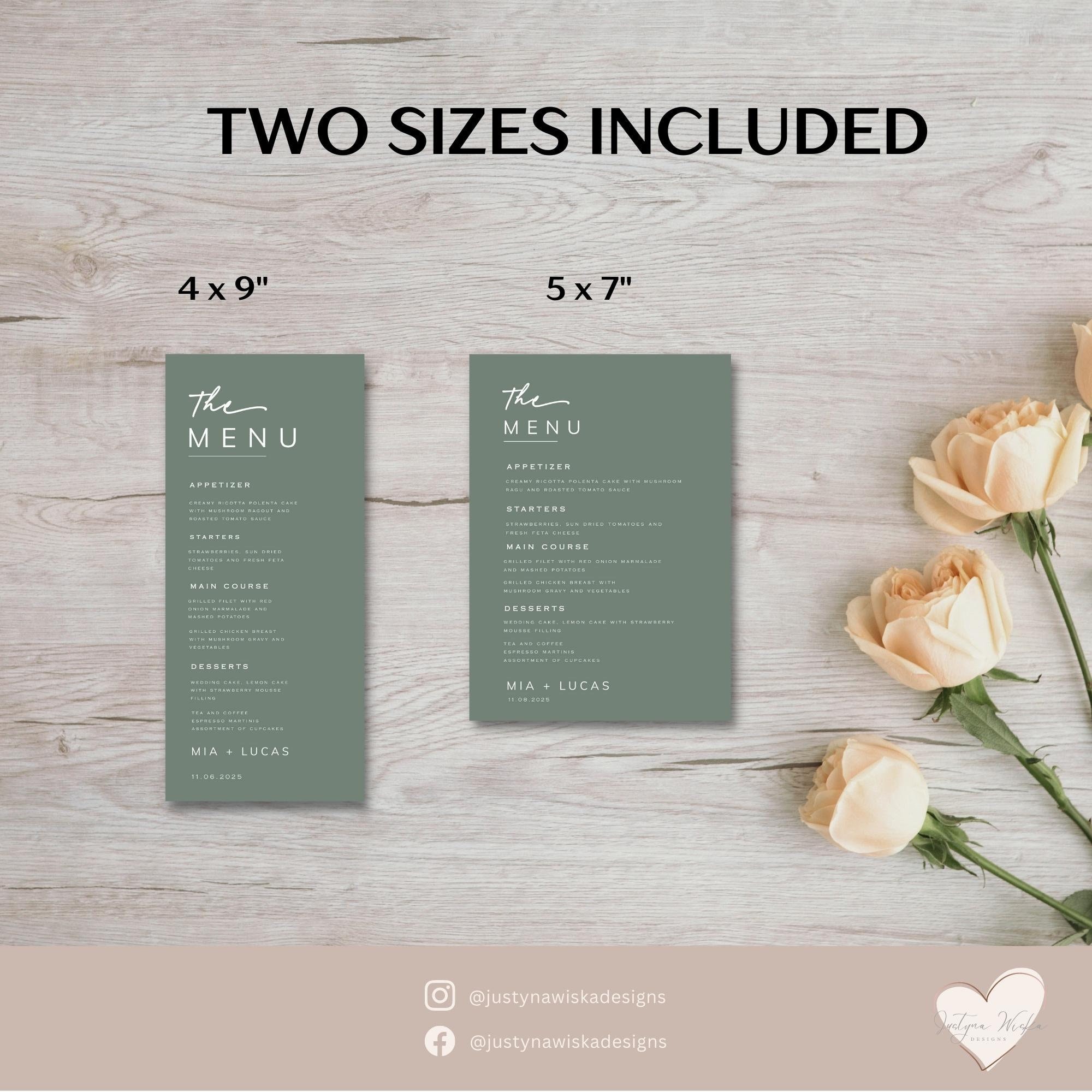 Rectangular Menus Sage Green Classic Wedding Menu Template, Minimalist Wedding Menu ...