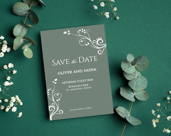 Floral Sage Green Wedding Save the Date, Botanical Save a Date cards, Olive Green Save our Date, Minimalist Wedding Date Announcement Card
