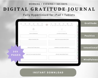5 minuten ochtend en avond digitaal dankbaarheidsdagboek, 365 dagelijkse dankbaarheidsplanner, iPad-planner voor Goodnotes, digitaal zelfzorgdagboek