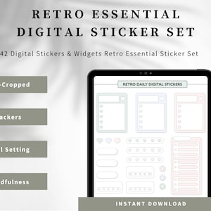 以下が含まれることがあります： 42個の事前に切り取られたステッカーとウィジェットを含むデジタルステッカーセット。ステッカーは、パステルカラーとシンプルなデザインでレトロなスタイルです。セットには、トラッカー、目標設定、マインドフルネスのステッカーが含まれています。画像の上部には「レトロデイリーデジタルステッカー」というテキストがあります。