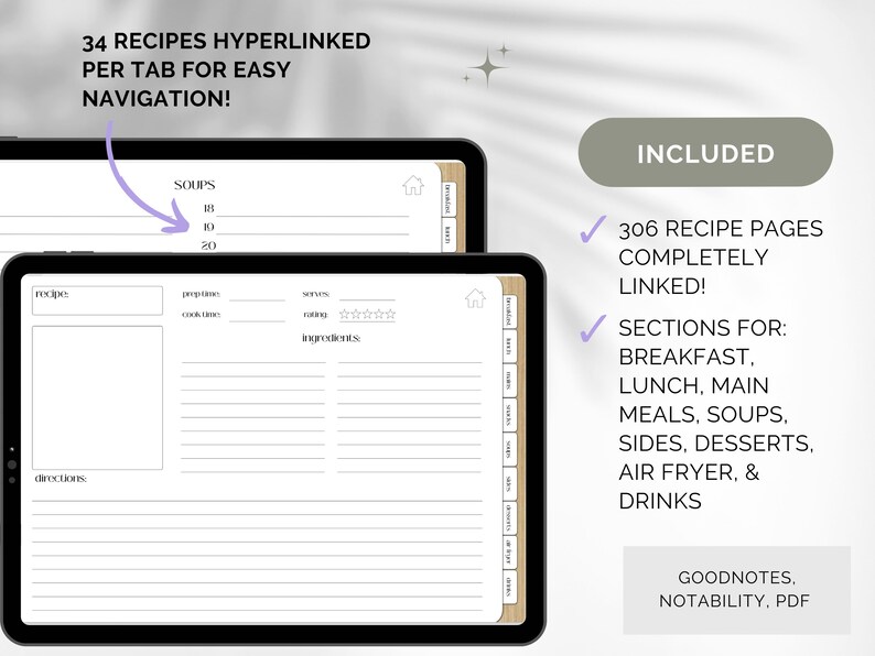 Digital Recipe Book for Ipad, Goodnotes Planner, Digital Cookbook