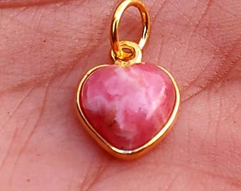 Handmade Rhodochrosite Heart Pendant: 22k Gold Plated Sterling Silver