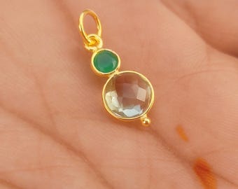 Green Amethyst & Onyx 18k Gold Pendant Charm - Handmade
