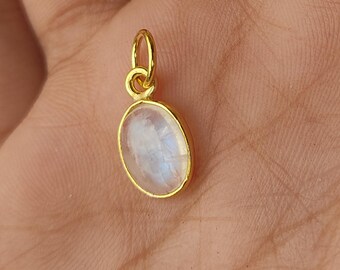 18k Gold Rainbow Moonstone Charm: Handmade Oval Pendant