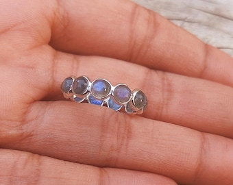 Labradorite Eternity Band Ring: 925 Sterling Silver, Blue Fire Gemstone