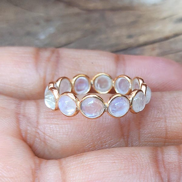 Rainbow Moonstone Eternity Ring: 22K Gold Plated Sterling Silver Band