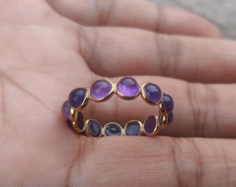 Natural Amethyst Eternity Ring, Gemstone Gold Plated Band Ring, 22k Gold Plated 925 Sterling Silver Ring, Amethyst Band Ring, Handmade Ring