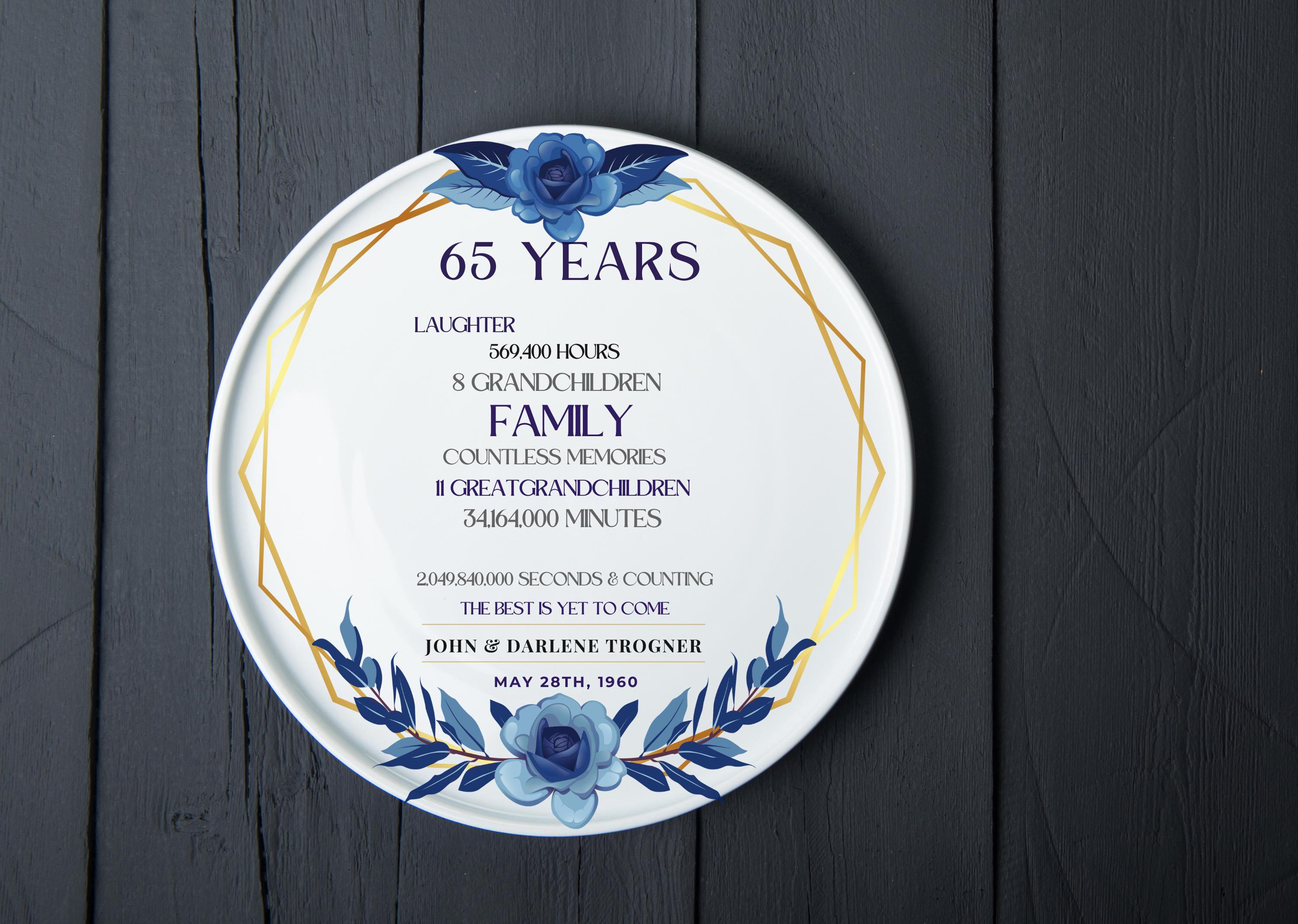 65th Wedding Anniversary Plate, 65th Anniversary Gifts, Gifts for Parents, 65th Anniversary Party Gifts, Sapphire Anniversary gifts Custom