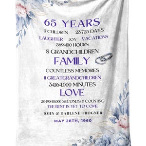 65 Year Anniversary Blanket, Personalized Anniversary Blanket, 65th Anniversary gifts, Gifts for Parents, Custom Blanket Gifts, Anniversary