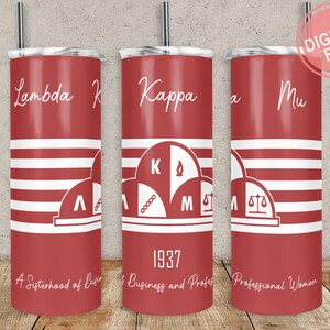 May include: Three red and white striped tumblers with the Greek letters Lambda Kappa Mu and the year 1937. The tumblers have a white design of a cloud with the letters K, M, and a scale of justice.
