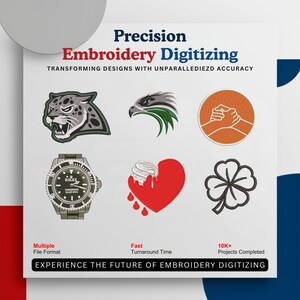 K&ouml;nnte beinhalten: Werbung f&uuml;r Stickdigitalisierungsdienste. Das Bild zeigt verschiedene gestickte Designs, darunter einen Jaguar, einen Adler, einen Handschlag, eine Uhr, ein Herz und ein Kleeblatt. Text enth&auml;lt "Precision Embroidery Digitizing" und "Experience the Future of Embroidery Digitizing."