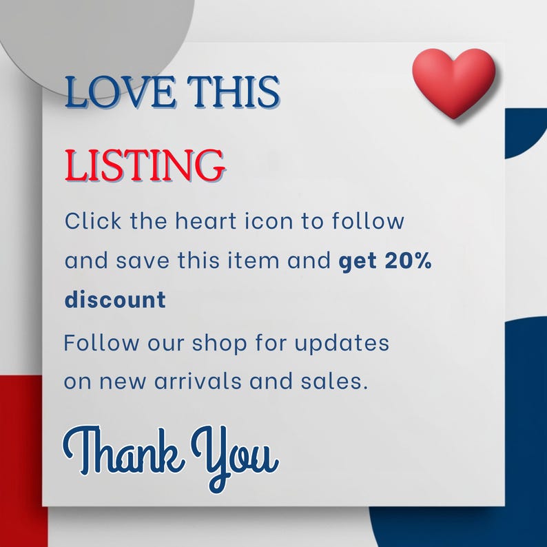 K&ouml;nnte beinhalten: Ein wei&szlig;es Quadrat mit den Worten "LOVE THIS LISTING" in Blau und Rot. Ein rotes Herzsymbol befindet sich in der oberen rechten Ecke. Der Text ermutigt die Betrachter, dem Shop zu folgen und den Artikel zu speichern.