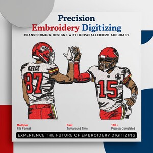 K&ouml;nnte beinhalten: Werbung f&uuml;r Stickdigitalisierungsdienste. Es zeigt zwei American-Football-Spieler in rot-wei&szlig;en Uniformen beim High-Five. Der Text enth&auml;lt "Precision Embroidery Digitizing" und "Experience the Future of Embroidery Digitizing."