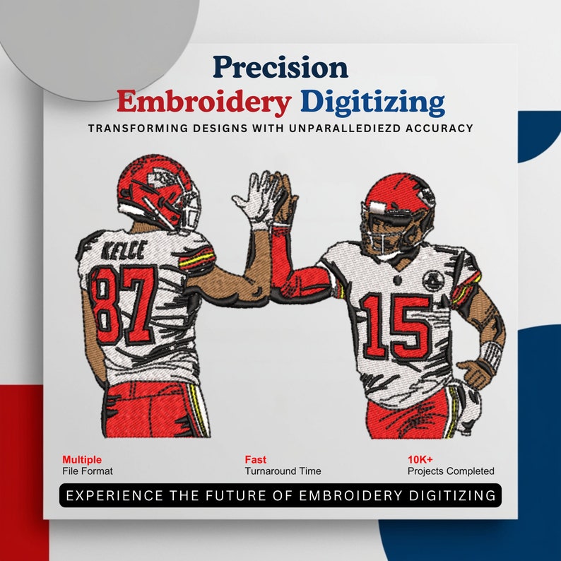 K&ouml;nnte beinhalten: Werbung f&uuml;r Stickdigitalisierungsdienste. Es zeigt zwei American-Football-Spieler in rot-wei&szlig;en Uniformen beim High-Five. Der Text enth&auml;lt "Precision Embroidery Digitizing" und "Experience the Future of Embroidery Digitizing."