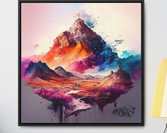 colourful watercolour mountain landscape Print, Square Frame