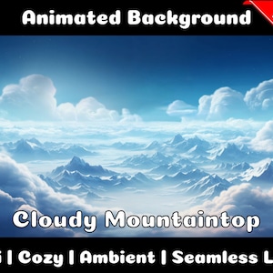 Può includere: Sfondo animato con una scena di cima di montagna nuvolosa con cielo blu e nuvole bianche. Il testo "Cloudy Mountaintop" è in basso nell'immagine, e il testo "Lofi | Cozy | Ambient | Seamless Loop" è sotto.