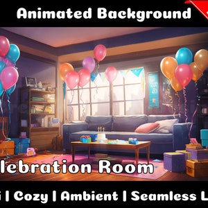 ANIMIERTER HINTERGRUND | Geburtstagsfeier Raum | Lofi Gemütlich Ambiente Looped Vtuber Twitch Stream Overlay Background