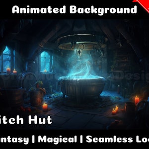 May include: An animated background featuring a witch's hut with a cauldron bubbling with blue smoke and glowing candles. The text "Witch Hut" and "Fantasy | Magical | Seamless Loop" is displayed at the bottom of the image.
