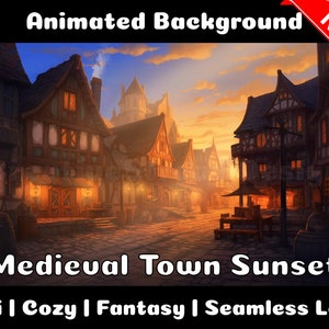 Puede incluir: Fondo animado con una ciudad medieval al atardecer. La escena está llena de edificios acogedores, calles adoquinadas e iluminación cálida. El texto "Medieval Town Sunset" se muestra en la parte inferior de la imagen, junto con las palabras "Lofi | Cozy | Fantasy | Seamless Loop".