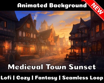 GEANIMEERDE ACHTERGROND | Middeleeuwse stad bij zonsondergang | Lofi gezellige fantasie lus Vtuber Twitch Stream Overlay achtergrond