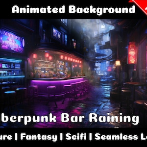 Könnte beinhalten: Animierter Hintergrund einer Cyberpunk-Bar mit Neonlichtern und Regen. Die Bar befindet sich in einer dunklen Gasse mit einem Schild, auf dem "GAINTE" steht. Der Text "Cyberpunk Bar Raining" befindet sich am unteren Rand des Bildes, zusammen mit den Worten "Future | Fantasy | Scifi | Seamless Loop".