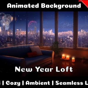 Op de afbeelding: Geanimeerde achtergrond met een skyline van een stad met vuurwerk in de nacht, gezien vanuit een loft met een bank, kaarsen en planten. De tekst "New Year Loft" wordt onder het raam weergegeven. De tekst "Lofi | Cozy | Ambient | Seamless Loop" wordt onderaan de afbeelding weergegeven.
