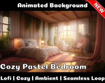ANIMATED BACKGROUND | Cozy Bedroom with Pastel Colors | Lofi Cozy Ambience Looped Vtuber Twitch Stream Overlay Background