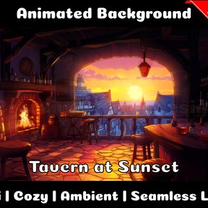ANIMATED BACKGROUND | Tavern at Sunset | Lofi Cozy Ambience Looped Vtuber Twitch Stream Overlay Background