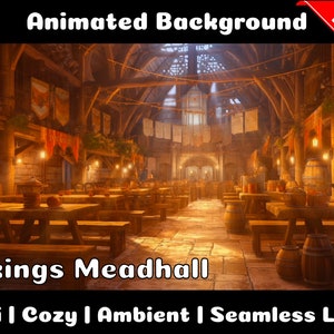 May include: Animated background of a Viking mead hall with wooden tables and benches, lit by lanterns and candles. The scene is warm and inviting, with a cozy atmosphere. The text "Vikings Meadhall" is displayed at the bottom of the image, along with the words "Lofi | Cozy | Ambient | Seamless Loop".