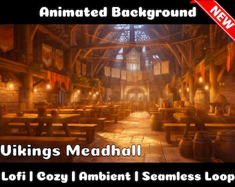 GEANIMEERDE ACHTERGROND | Vikingfestivalzaal | Lofi gezellige warme sfeer Vtuber Twitch Stream Overlay achtergrond