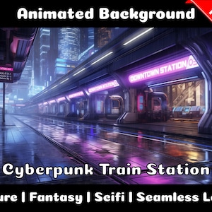 Peut inclure: Fond d'écran animé de gare de train cyberpunk avec des enseignes au néon et une ville futuriste. L'arrière-plan est une boucle sans fin.