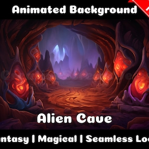 May include: Animated background of an alien cave with glowing red orbs and a purple sky. The text "Alien Cave" is at the bottom of the image. The text "Fantasy | Magical | Seamless Loop" is at the bottom of the image.