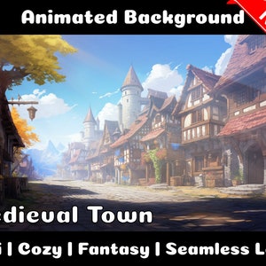 ANIMATED BACKGROUND | Medieval Town | Lofi Cozy Fantasy Magical Looped Vtuber Twitch Stream Overlay Background
