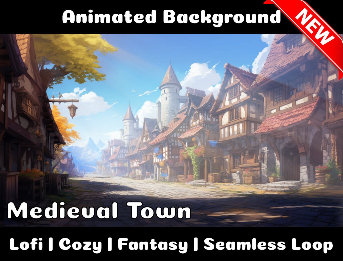 GEANIMEERDE ACHTERGROND | Middeleeuwse stad | Lofi gezellige fantasie magische lus Vtuber Twitch Stream Overlay achtergrond